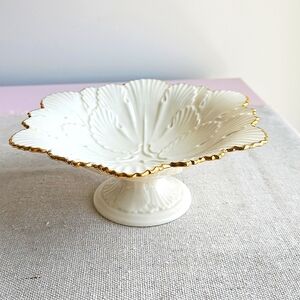VTG Lenox "Arbor" Footed Pedestal Bowl Nut Candy Dish Porcelain Cream Gold Trim